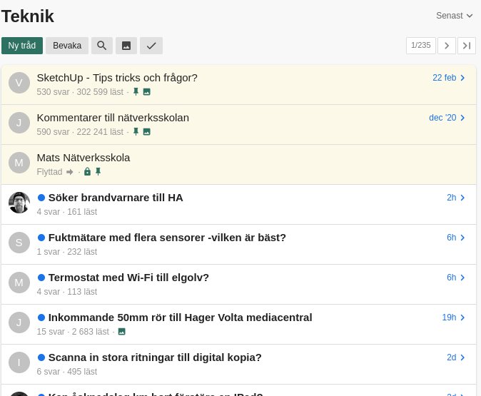 Skärmdump av ett användarforum med diskussionstrådar om bygg- och renoveringsteknik.