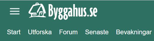 Mobil vy av Byggahus.se meny med hamburgarikon, logotyp och navigeringslänkar.