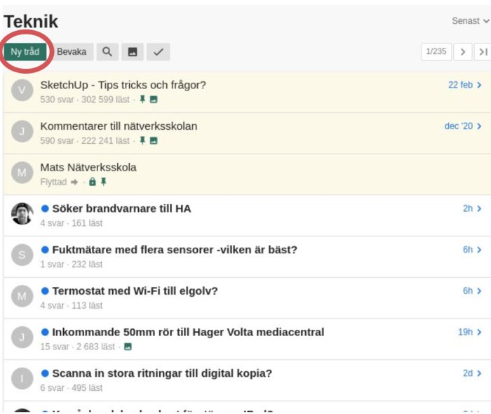 Skärmdump av diskussionsforum med markerad ny tråd inom tekniksektionen.