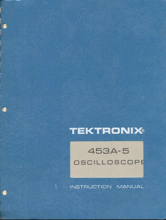 Blått omslag till en instruktionsmanual för Tektronix 453A-5 Oscilloscope.