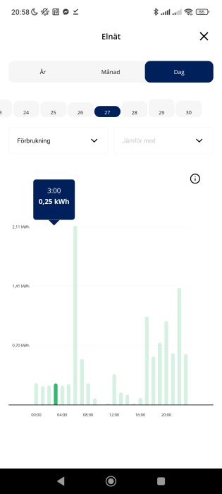 Skärmdump av en mobilapp som visar daglig elförbrukning med ett diagram, markerar en konsumtion på 0,25 kWh kl 3:00.