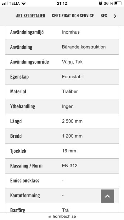 Skärmdump av spånskiveproduktinformation från Hornbachs webbplats med specifikationer för användningsområde och mått.