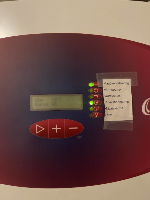 Panel av värmesystem med temperaturdisplay och statuslampor för manöverindikering, värmepump, varmvatten och larm.