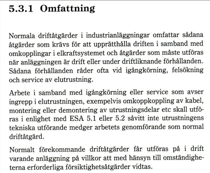 Skärmdump av en textavsnitt med rubrik "5.3.1 Omfattning" som beskriver normala driftåtgärder i industriell verksamhet.