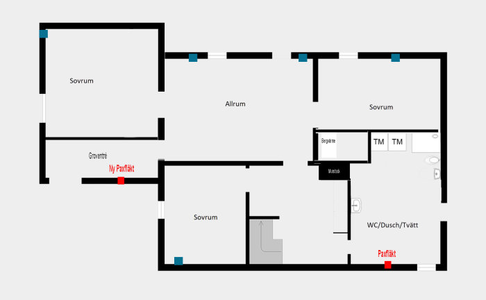Ritning av en bostadsplan med markerade sovrum, allrum och WC, samt nya Paxfläktar.