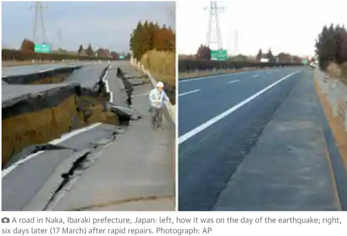 Före-och-efter-bilder av en snabbt reparerad väg i Japan efter jordbävningen.