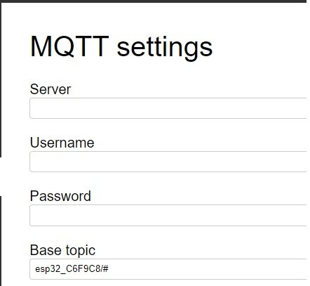 Skärmdump av MQTT-inställningar med fält för server, användarnamn, lösenord och basämne.