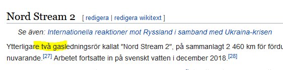 Skärmdump av text om Nord Stream 2-projektet med markerad mening om två gasledningsrör.