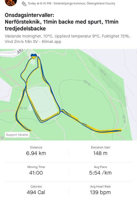 Kartöversikt över löprunda i terräng med markerad rutt och statistik för sträcka, tid och puls.