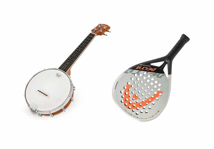 En banjo och en padelracket sida vid sida på vit bakgrund.