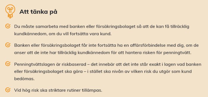 Informationsgrafik om riktlinjer för hantering av penningtvätt inom bank och försäkring.