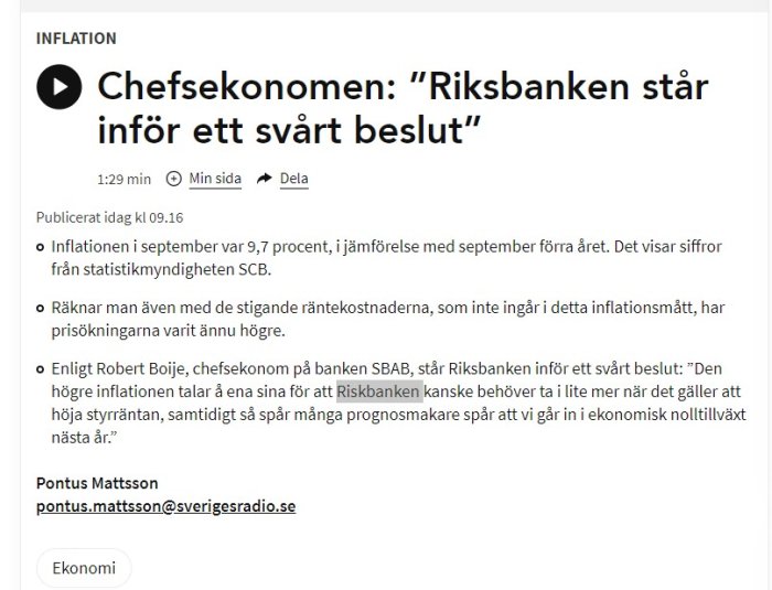 Skärmdump av en nyhetsartikel om Riksbankens beslut med rubrik och ingress.