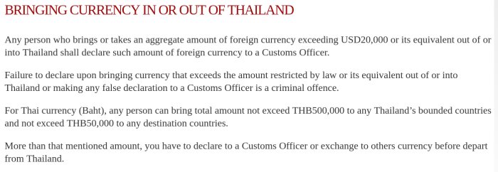 Regler för deklaration av valuta vid in- eller utförsel i Thailand.
