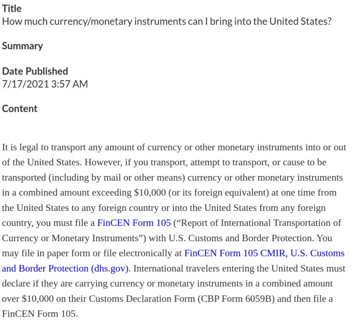 Skärmdump av artikel om regler för deklarering av valuta vid inresa i USA med rubrik och sammanfattning.