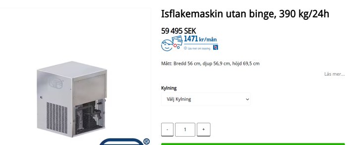 Industriell isflaksmaskin utan binge annonserad för försäljning, kapacitet 390 kg is per dygn.