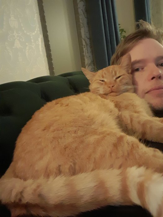 Man som slappar på soffan med en sovande orange katt på sitt bröst.