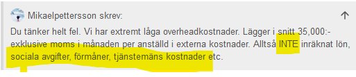 Skärmdump av foruminlägg där användaren diskuterar overheadkostnader på 35k per anställd exklusive moms.