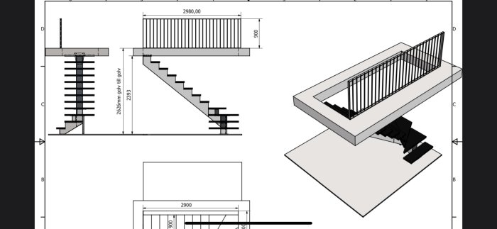 Ritning och 3D-modell av en trappa med mått och räcke, exkluderande räckets design.