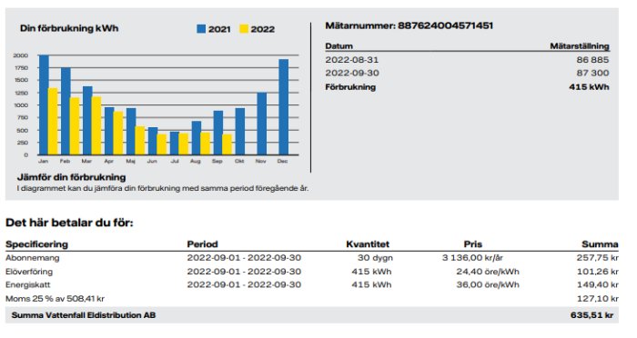Elräkning med stapeldiagram över förbrukning per månad och specifikation av kostnader för September.