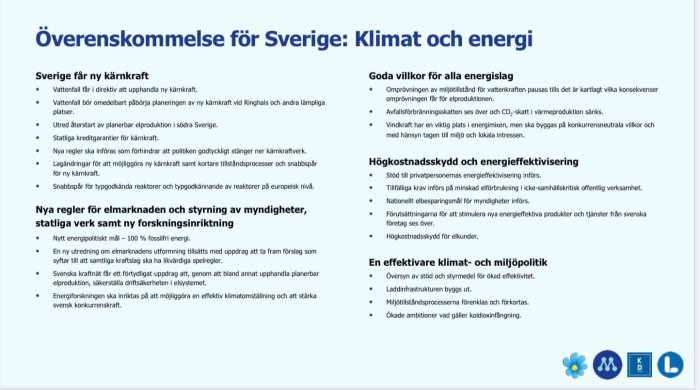 PowerPointpresentation som visar "Överenskommelse för Sverige: Klimat och energi" med punkter för ny energipolitik.