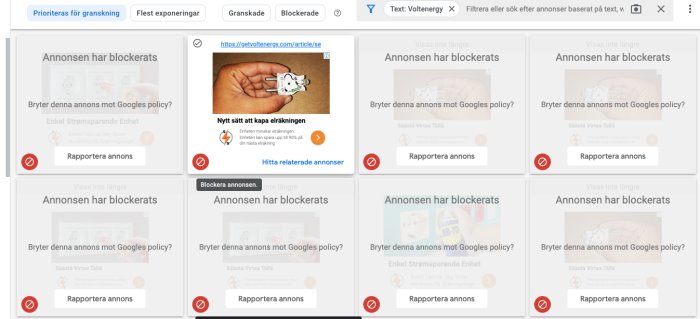 Skärmbild som visar flera blockerade annonser på en granskningsplattform.