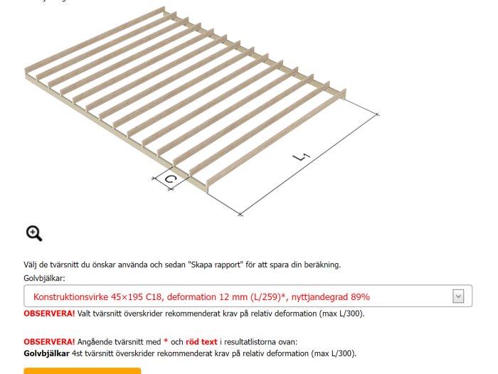 3D-ritning av en träbjälklagskonstruktion med måtten C och L angivna.