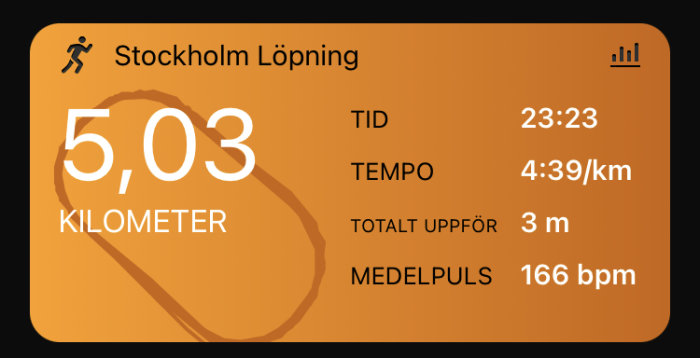 Skärmdump av löparapp med statistik: 5,03 km, tid 23:23, tempo 4:39/km, uppför 3 m, puls 166 bpm.