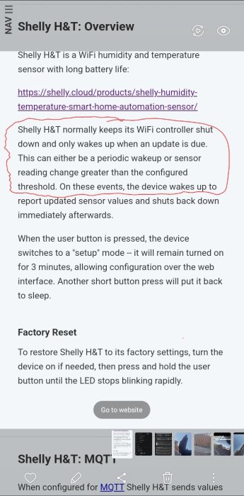 Skärmdump av en webbsida med information om Shelly H&T WiFi temperatur- och fuktighetssensor.