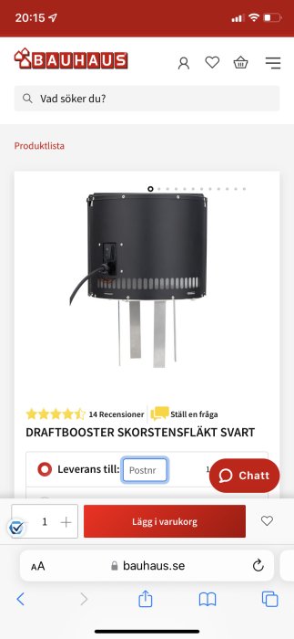 Svart Draftbooster skorstensfläkt monterad på skorsten, visas på en webbshop-sida.