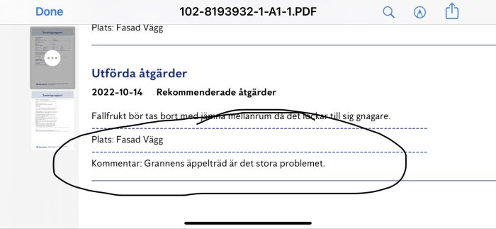 Skärmdump av en mobil enhet som visar en PDF-rapport med text om åtgärder och kommentarer.