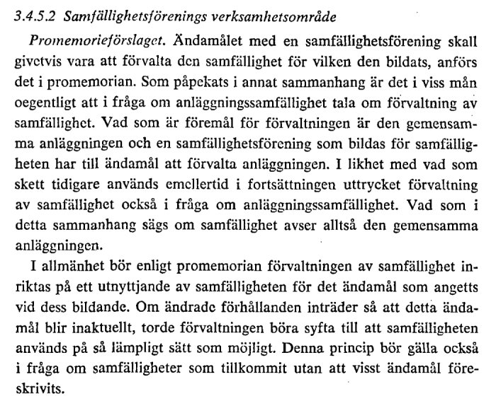 Textdokument med utdrag ur promemorian angående samfällighetsförenings verksamhetsområde, diskuterar förvaltning och ändringar i anläggningssamfälligheter.