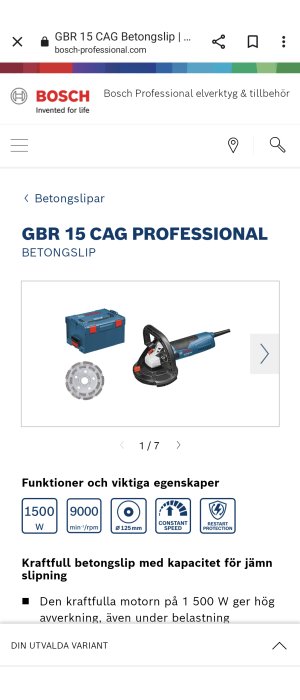 Bosch GBR 15 CAG betongslip med bygelhandtag, slitskiva och L-BOXX förvaringslösning.