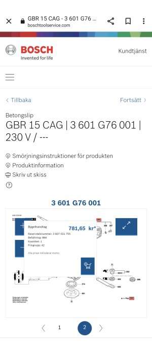 Skärmdump av Bosch servicewebbplats som visar priset för en bygelhandtag till betongslip, modell GBR 15 CAG.