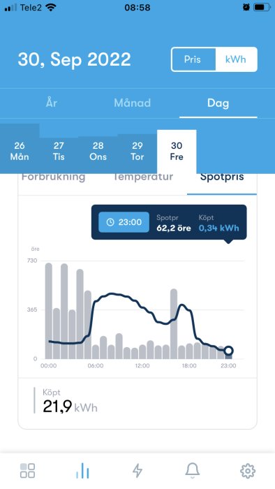Skärmbild från Greenely-appen som visar elförbrukning i gråa staplar och elpriset i en svart linjekurva för den 30:e september.