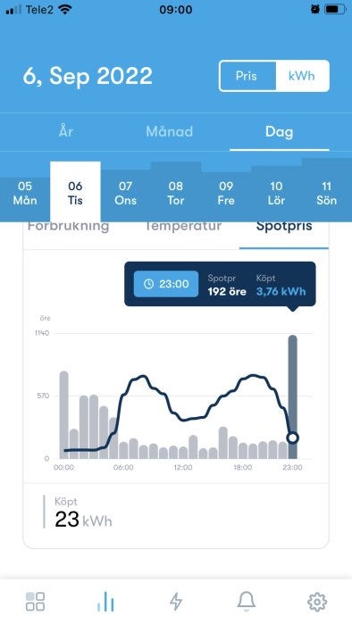 Skärmavbild från Greenely-appen med stapeldiagram över elförbrukning och linjediagram för spotpris för en dag.