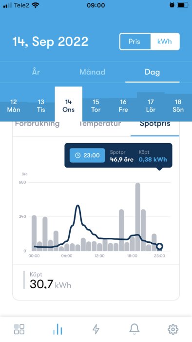 Skärmdump av Greenely-appen som visar elförbrukning i grå staplar och spotprisets kurva för en dag i september.