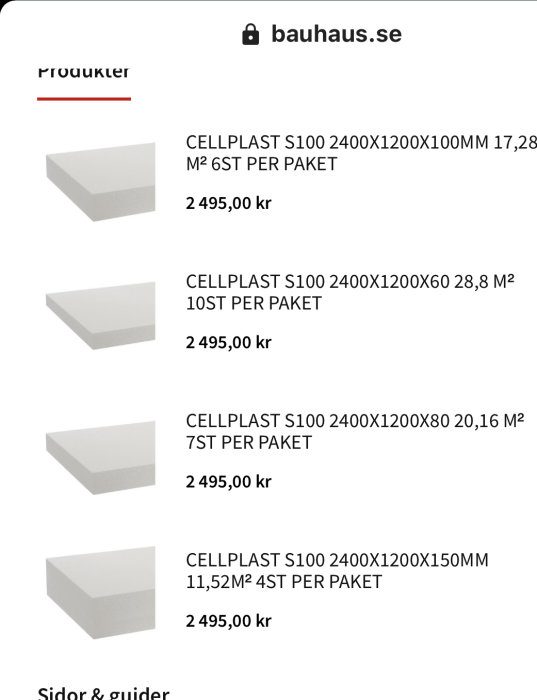 Lista över cellplastprodukter S100 i olika tjocklekar med prisinformation från Bauhaus webbplats.