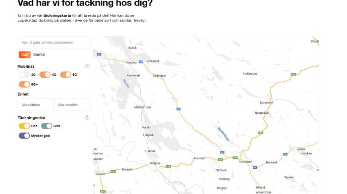 Skärmdump av täckningskarta med markerade 3G-områden i Sverige.