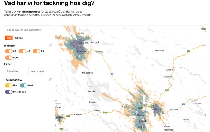 Täckningskarta som visar områden med 3G-nätverkstäckning i Sverige, markerade i orange.