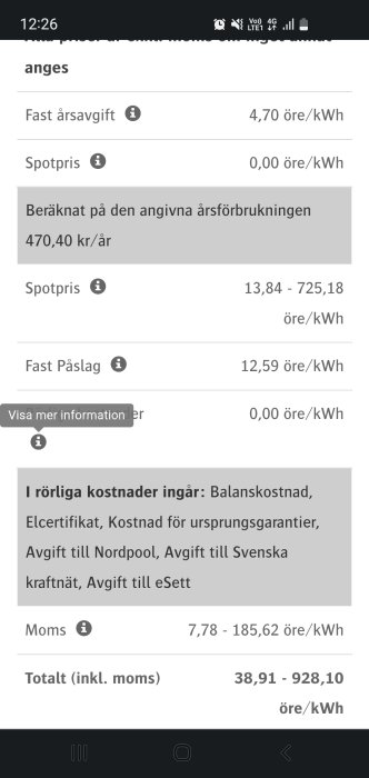 Skärmdump som visar elpriser, fast årsavgift och påslag från elpriskollen.se.