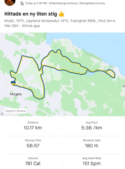 Kartskärmdump som visar en löprunda på 10.17 km markerad med en gul linje runt Mogata.