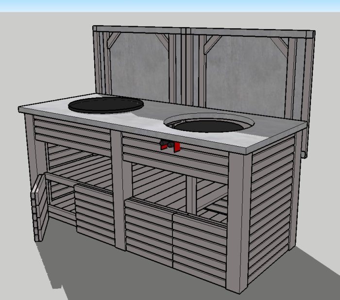 3D-modell av ett utekök med plats för grill och stekhäll, omgärdad av cementskivor.