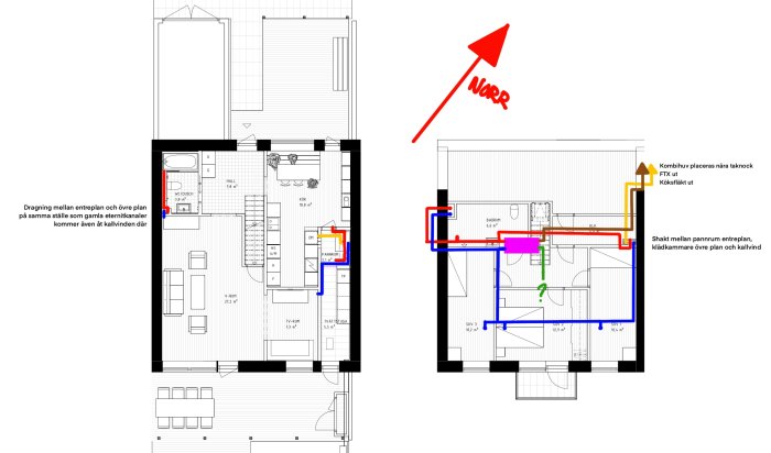 Planritning av en våning i ett hus med markeringar för installation av rör och tekniska system i olika färger.