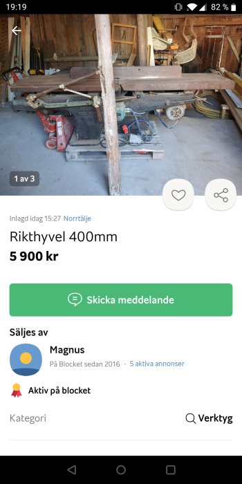 En rikthyvel på 400mm till salu i en verkstadslokal, tillsammans med diverse verktyg och byggmaterial.