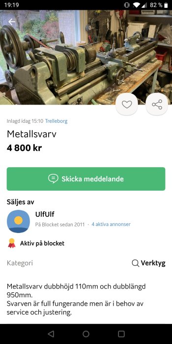 Bild av en begagnad metallsvärv i en verkstadsmiljö med verktygstavla i bakgrunden.