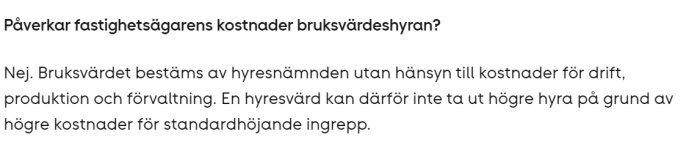 Textutdrag om hur fastighetsägarens kostnader inte påverkar bruksvärdeshyran enligt Hyresgästföreningens förklaring.