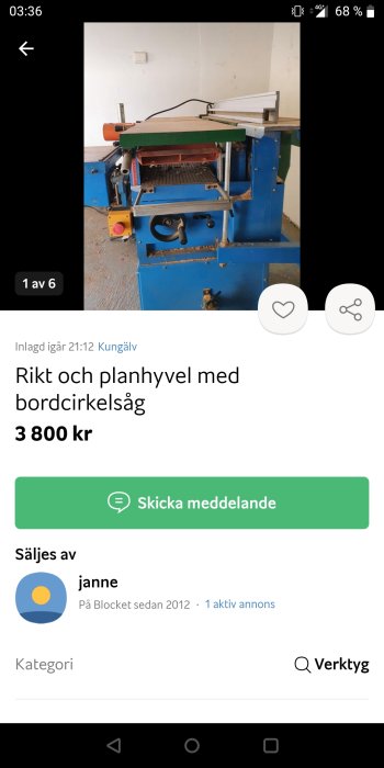 Blå rikt och planhyvel med bordcirkelsåg till salu, visad i ett arbetsrum.