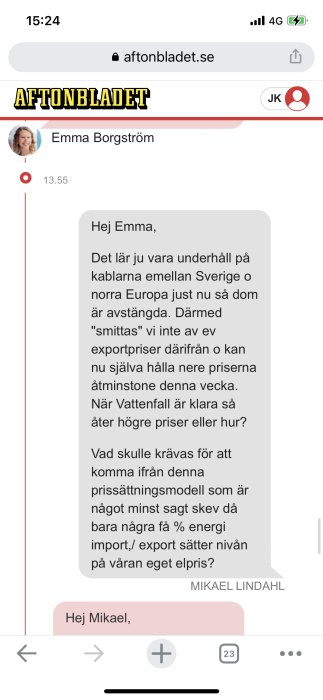 Skärmdump från en diskussionstråd med meddelande om underhåll av elnätet och elpriser.