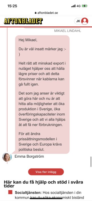 Skärmdump av en artikel på Aftonbladets webbplats med en textdialog.