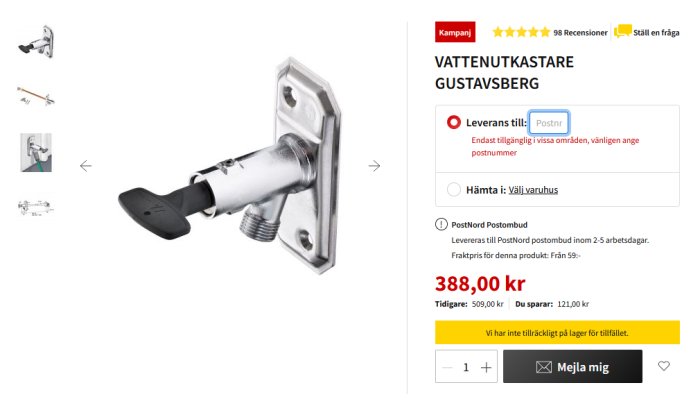 Ny Gustavsberg vattenutkastare med fast monteringsplatta och svart handtag, pris och webbadress synliga.